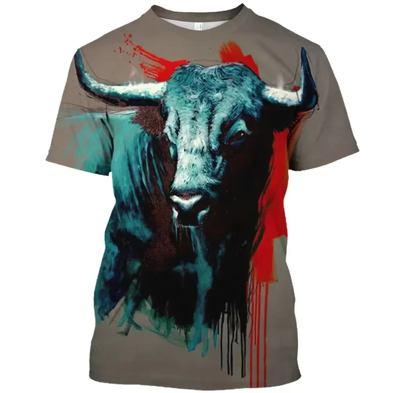 Fashion Men's T Shirt Funny Animal Cow Pattern Printed Short-sleeved Bullfight Tops Tee Casual Oversized T Shirt Mens Streetwear