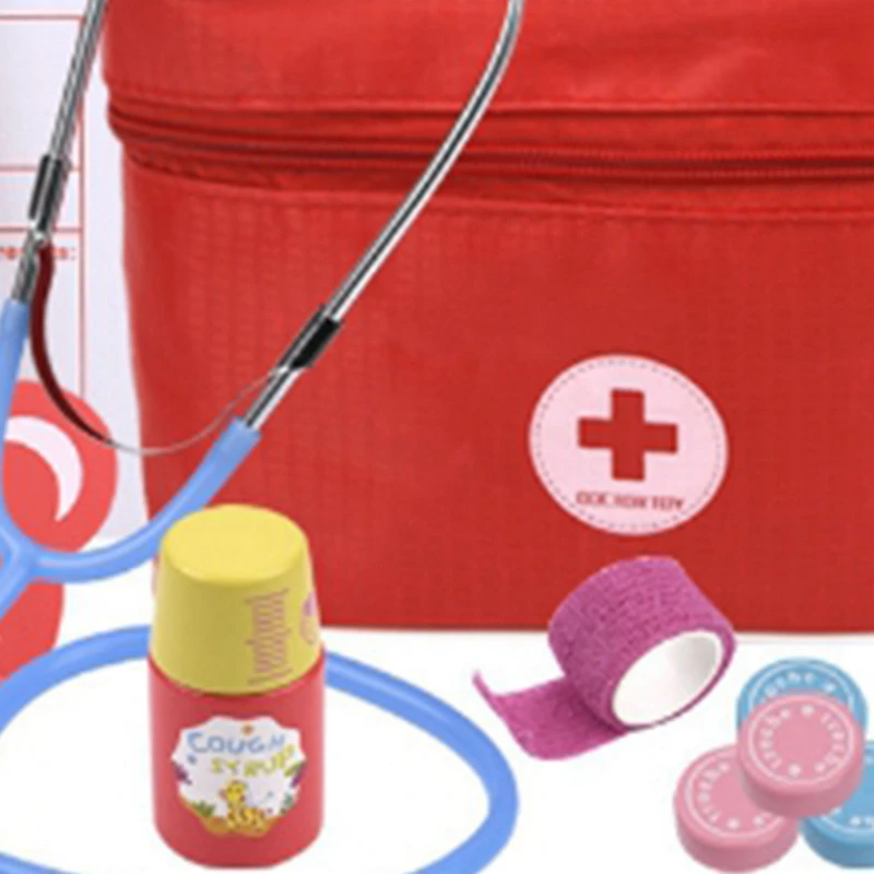 Brinquedos para crianças conjunto crianças de madeira fingir jogar kit jogos para menina menino vermelho dentista medicina caixa