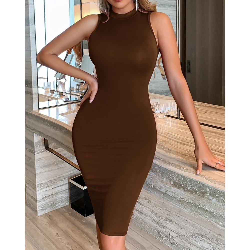 

Elegant Dress Sleeveless Sexy Bodycon O Neck Party Midi Dress for Women Summer Femme Solid Color Slim Fit Dress Vestidos Korean