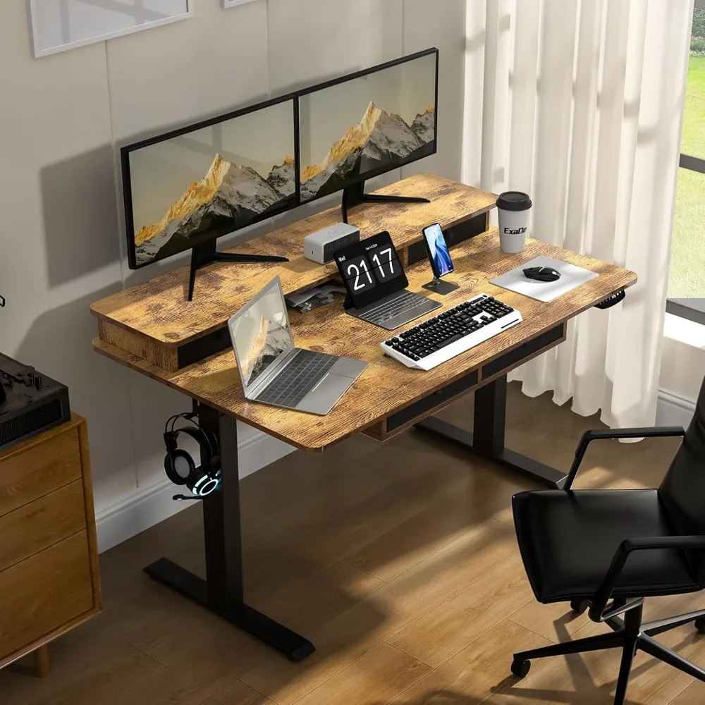 55 * 30 بوصة مكتب كهربائي متسع بارتفاع قابل للتعديل مع 4 أدراج، أرفف تخزين مزدوجة، مكتب قائم، مكتب منزلي #2