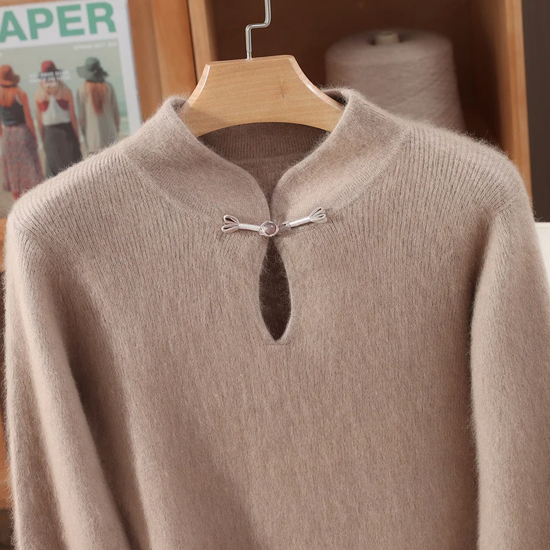 Autumn Winter Women Chinese Style Buttoned Sweater Pullover Simple Basic Casual Soft Warm Bottom Clothing 100% Mink Cashmere