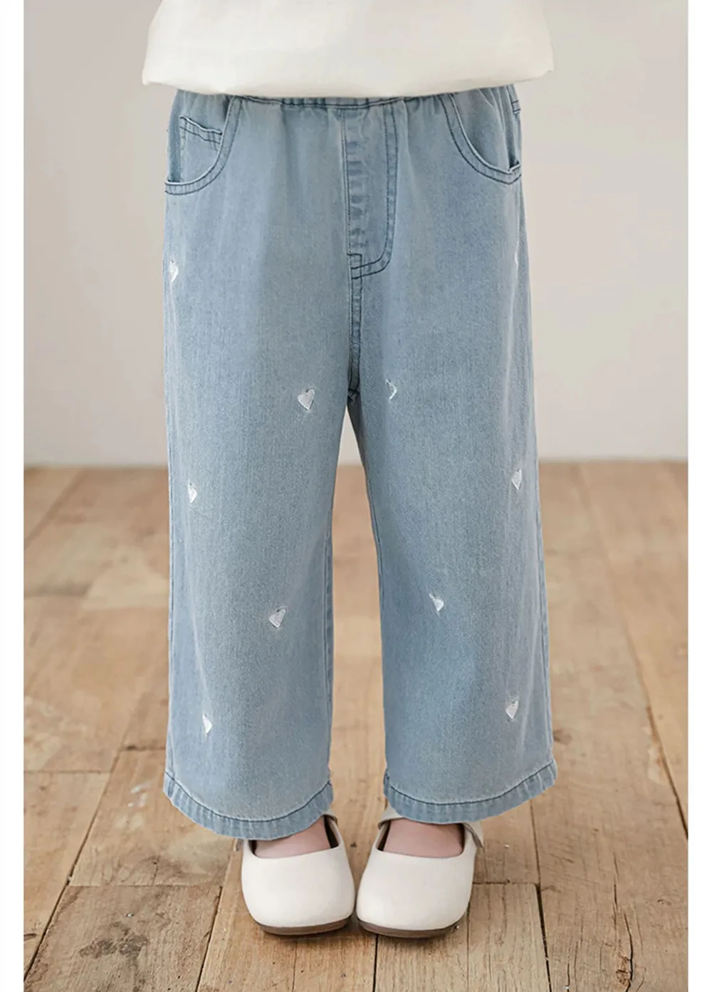kids girl clothes baby pants sweet girl pants Love pattern light colored jeans Girls' autumn straight leg jeans