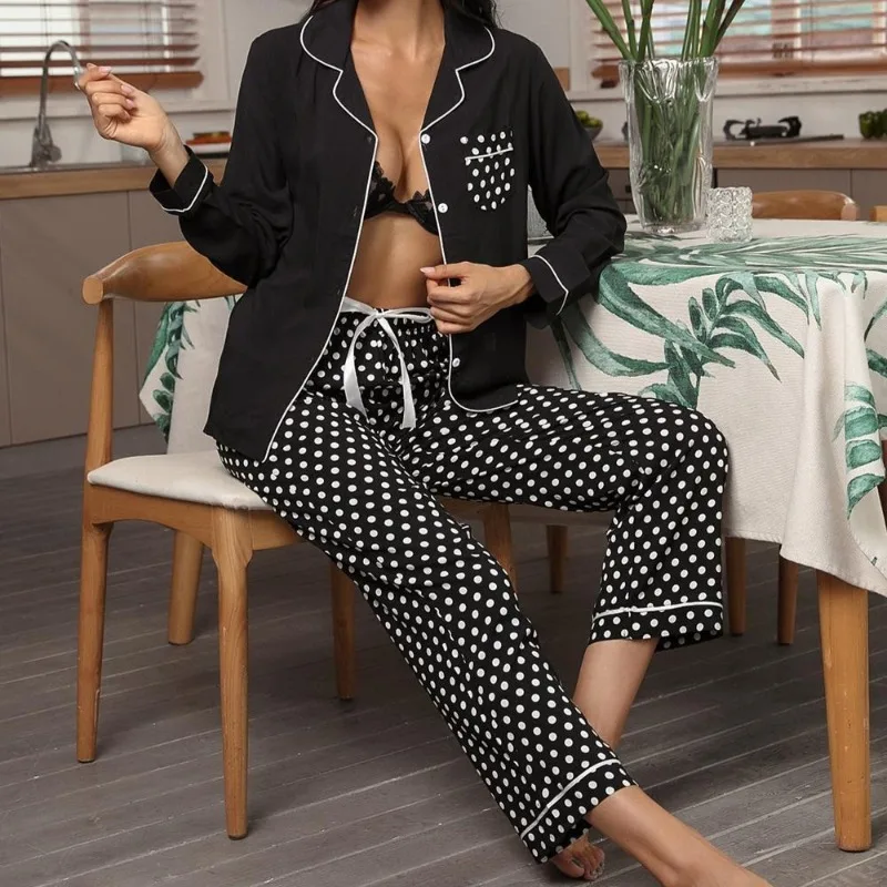 

Women's Loungewear Set Button Front Cardigan Wid Leg Pajama Pants Brushed Flannel Sleepwear Parisian Inspired Dot Print Coord