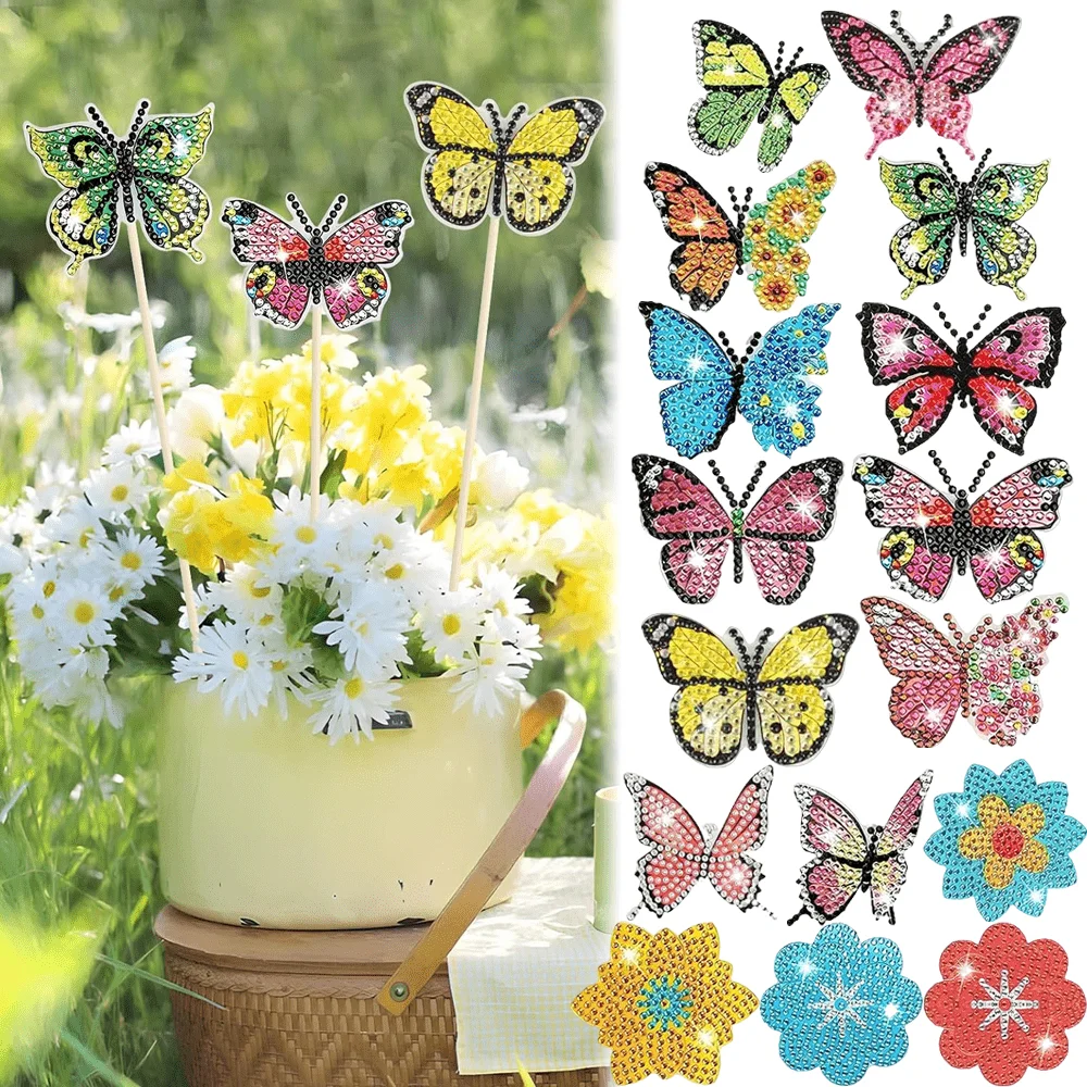 16-Piece Diamond Art Butterfly & Flower Garden Stakes Set - DIY Diamond Painting Kit for Outdoor Yard, Patio & Planter Decor