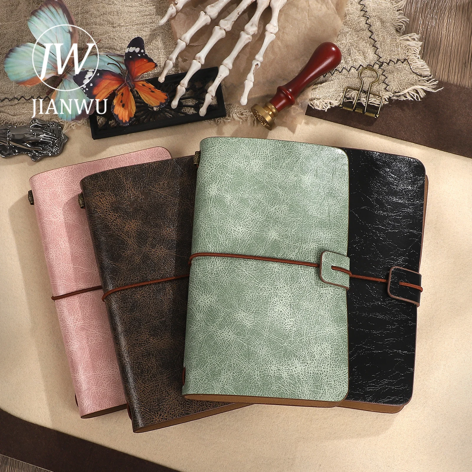 JIANWU A6 Vintage Strapped PU Leather Textured Cover Material Collage Notebook Creative DIY Journal Student Supplies Stationery