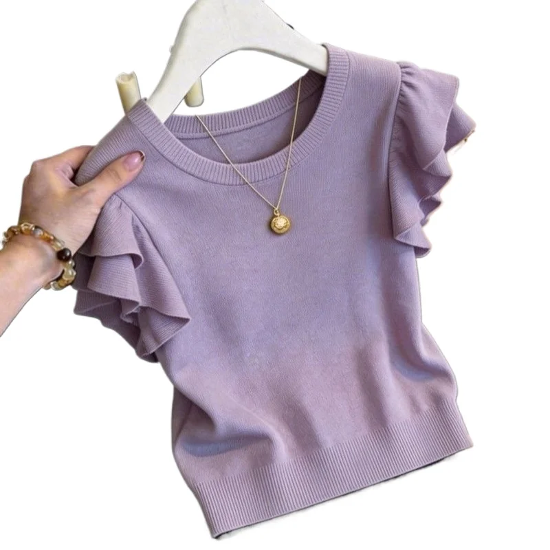 A Cross-border Romantic Exquisite Purple Ruffled Design Knitted Sweater for Women's  Summer,T-shirt A Stunning and Slimming Top