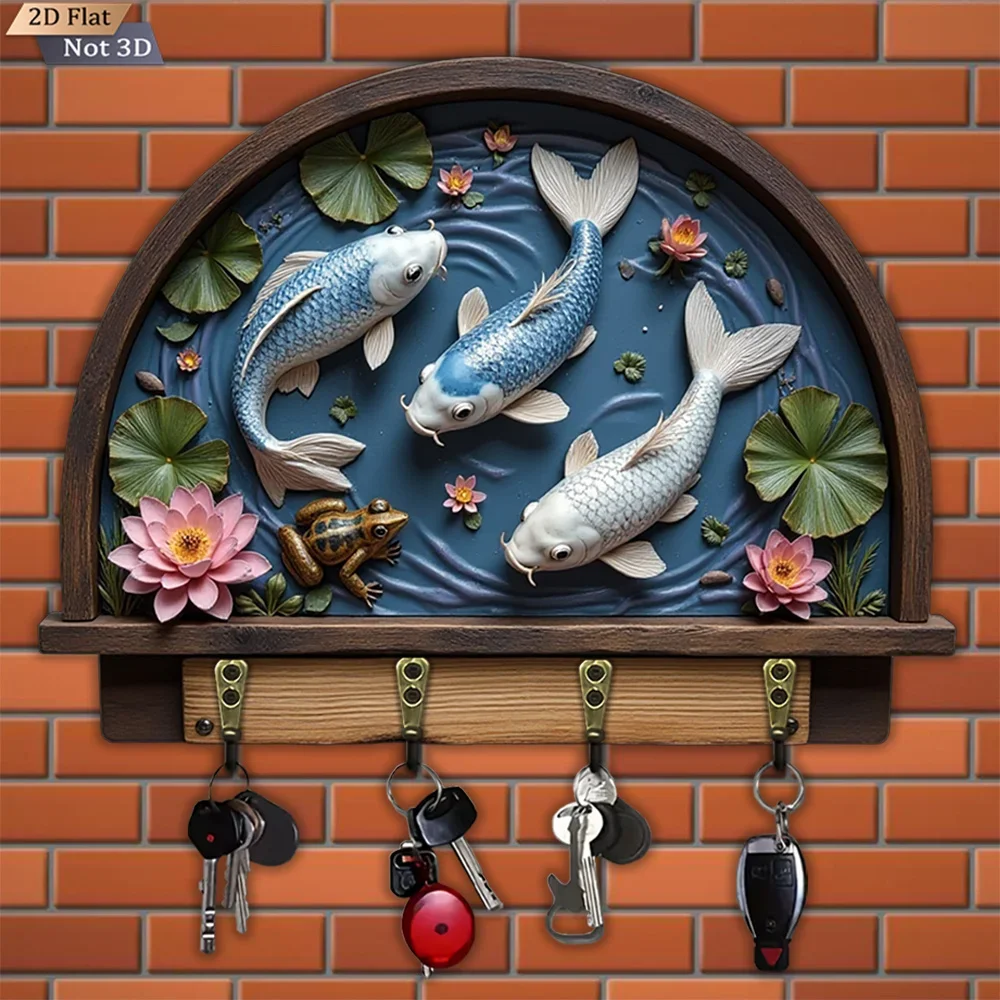 2D Flat, 1pc, Embossed Koi Pond Frog Key Hook Wooden Multifunctional Home Key Hook, with Four Metal Hooks, Wall Decoration,