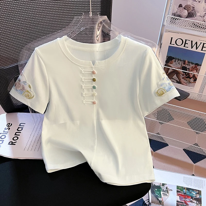 

Beautiful flower clusters button Cotton Women T-Shirts Casual Breathable Soft Short Sleeve Tops Loose Comfortable Street Clothes