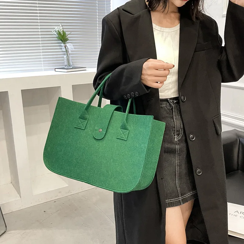 Large Capacity Tote Bag Women's Handbag Korean Retro Solid Color Square Felt Handle Bag Females Shopping Bag Messenger Tote