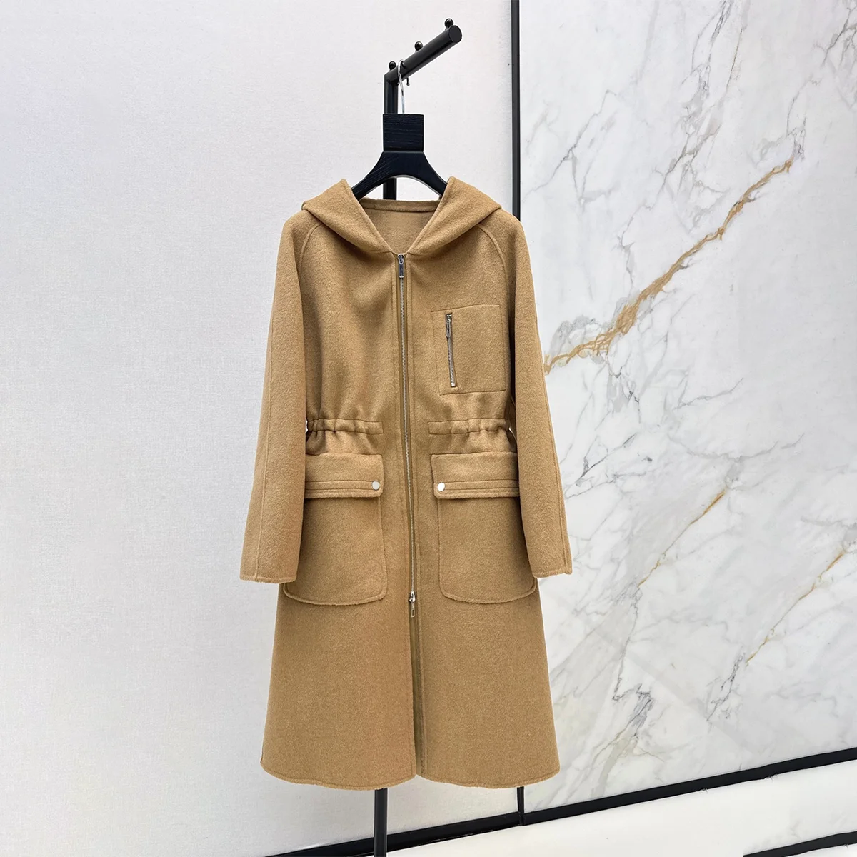 2026 high-quality women's hooded drawstring waist cinched mid length woolen coat--hb811
