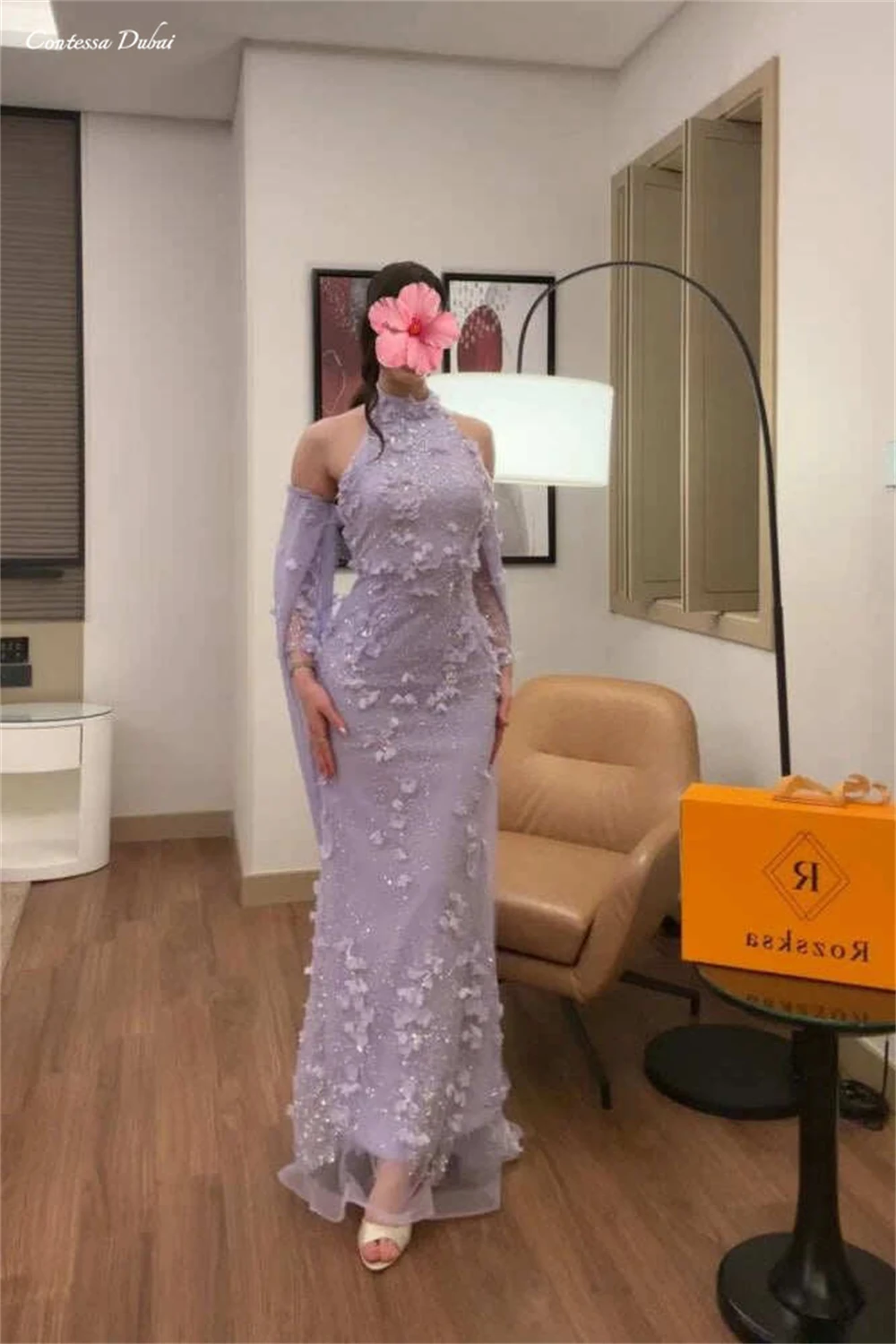 

Contessa Customized Purple Neck style Prom Dress Flower Bead Embroidery robes de soirée Slim Fit Elegant long sleeves ball gown