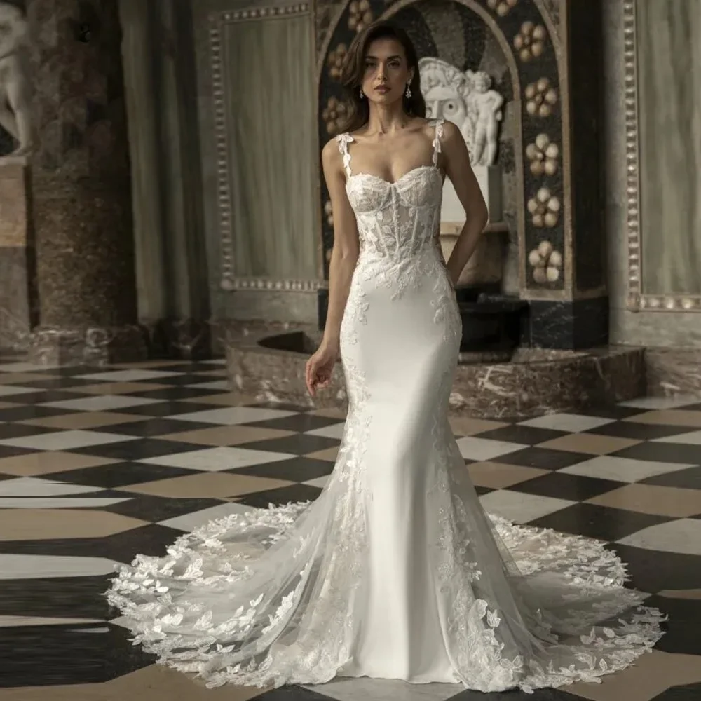 Sexy Mermaid Wedding Dress Sweetheart Straps Lace Appliques Sleeveless Cathedral Train Bride Bridal Gowns vestido de novia