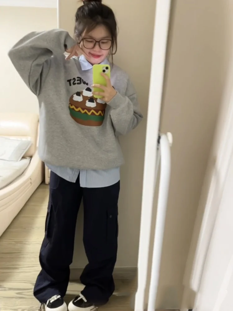 فضفاض جولة Ne هوديي المرأة ربيع الخريف كعكة برغر الكرتون البلوز مريحة كسول Sle ملابس خارجية عارضة الشارع الشهير #4