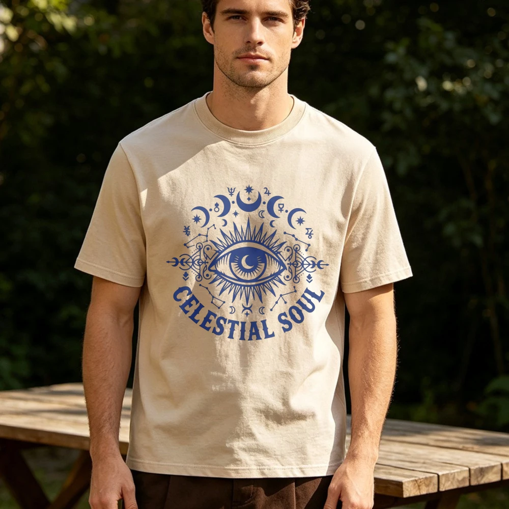 Celestial Evil Eye Printing T-Shirt Astrology Moon Spiritual Tees Astrology Eye Constellation Mystic Symbol Unisex Casual Tops