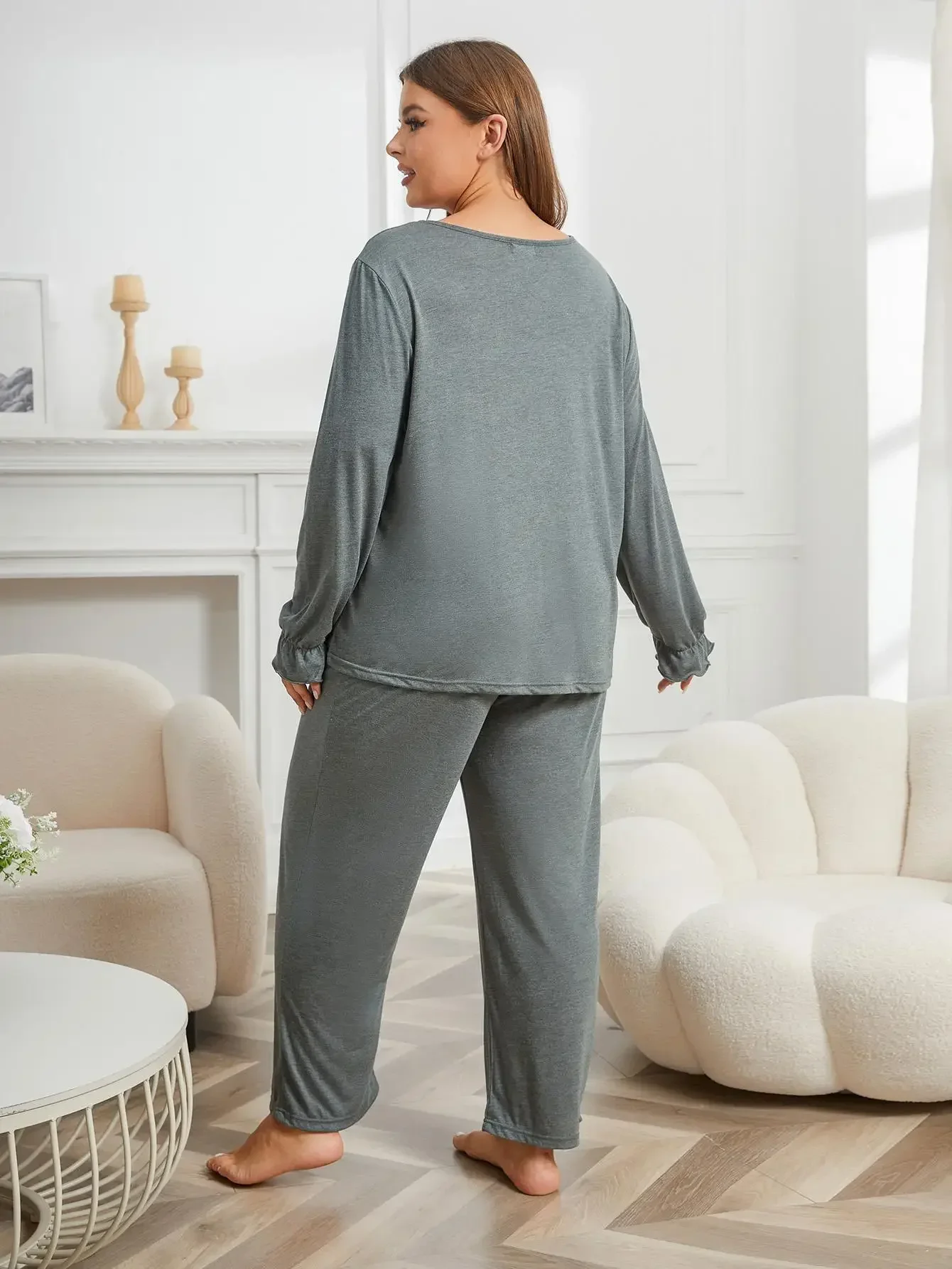 Plus Size Women Pajama Set Solid Long Sleeve Top&Full-Length Pants Female 2 Pieces Sleepwear Ruffle Fall Nightwear Homwear Cloth