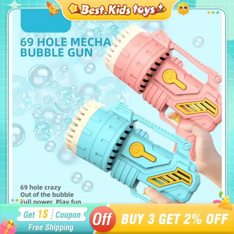 Macchina per pistola a bolle elettrica per bambini a 69 fori Macchina automatica per bolle di sapone LED Festa all'aperto Giocattoli per bambini Regalo per ventilatore per festa di nozze