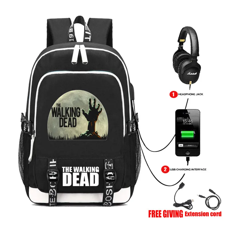 THE WALKING DEAD Backpack Rucksack Bag w/ USB Fashion Port/ Headphone interface Students Book Laptop bag