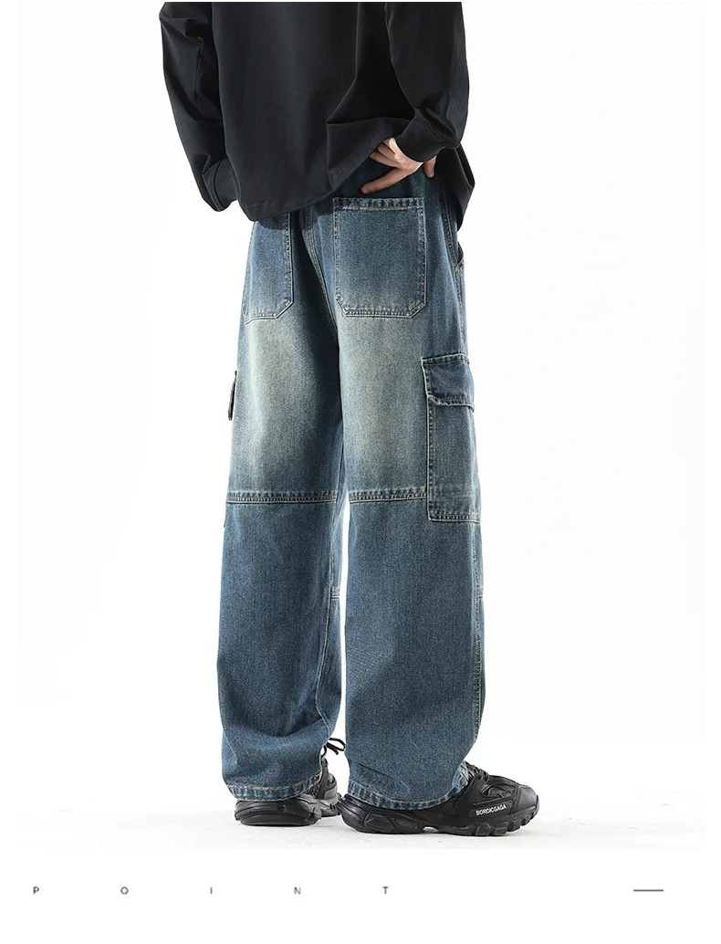 Vintage Men's Working Jeans 2025 Spring New Straight Wide Legs Jeans Cargo Pants Korean Fashion Street Hip Hop Baggy Pants Y2k