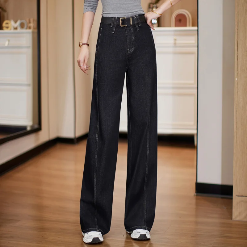 Jean à jambes larges pour femmes, nouveau pantalon décontracté drapé amincissant taille haute, pantalon ample à jambes droites, tendance, printemps et automne