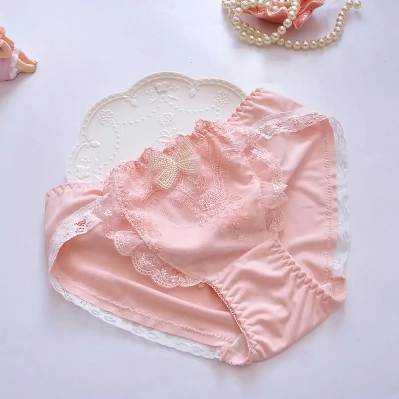 Princess Style Milk Silk Ruffles Lace Cute Lovely Sweety Panties Women Lolita Cosplay Bow Embroidery Luxury Underwear Breifs