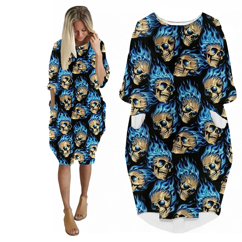 

SONSPEE Dense Ghost Fire Skull Pattern 3D Print Dress Long Sleeve Horrible Devil-fire Skirt Loose Couples Street Streetwear Robe