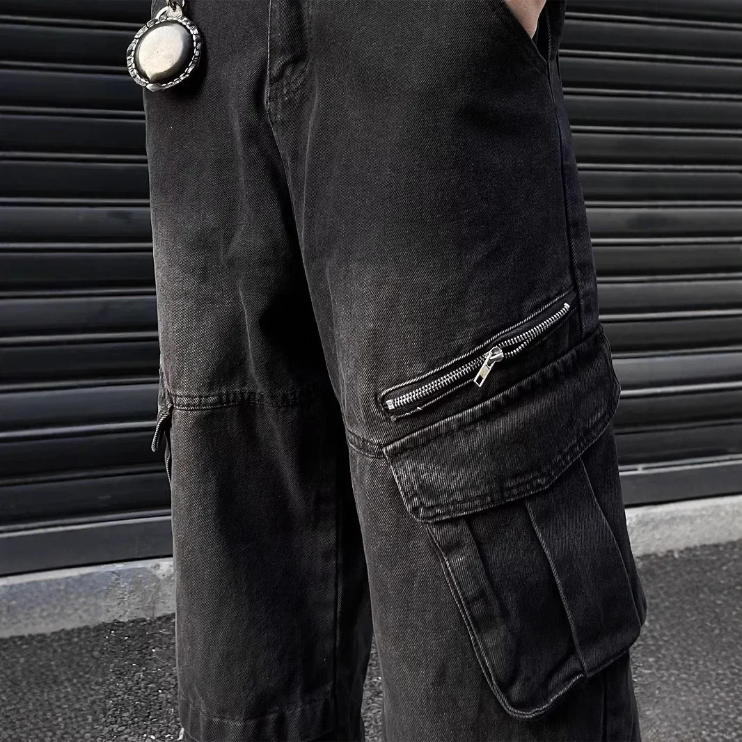 กางเกงยีนส์ขายาวฮิปฮอปหลวมฤดูใบไม้ผลิและฤดูใบไม้ร่วงของผู้ชายพร้อมกระเป๋าซิปขนาดใหญ่ของแบรนด์แฟชั่น High Street สไตล์ชุดทํางาน