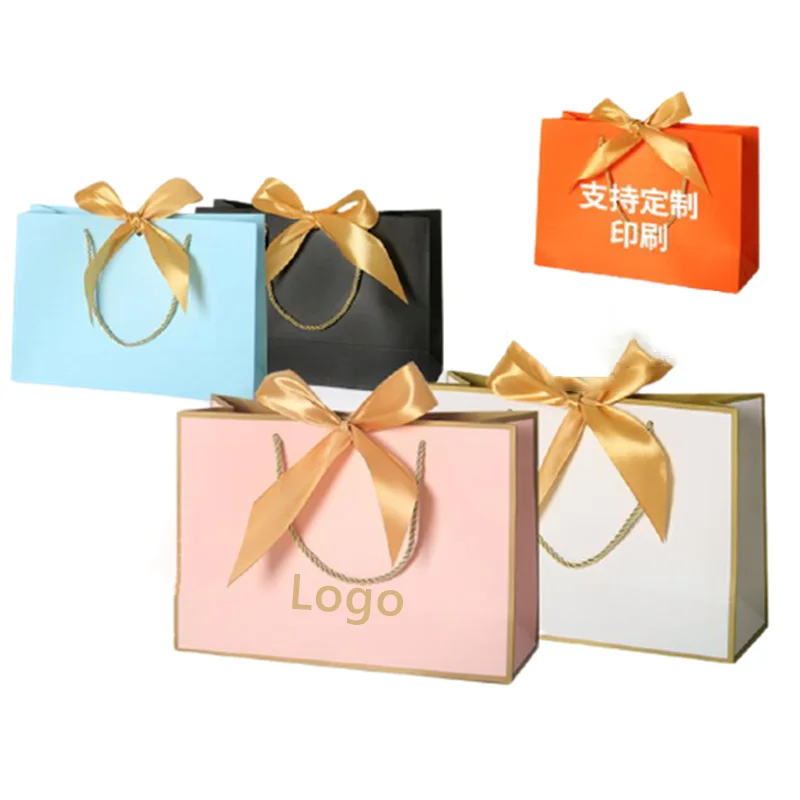 100x Custom Logo Paper Gift Box Gold Ribbon Paper Gift Bags With Handle Customized Business Bag Present Box For Pajamas Clothes