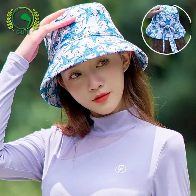 DK Berretto da golf Protezione solare da donna Cappelli a secchiello sportivi Cappello da pescatore stampato con stella da donna Visiere parasole con fiocco regolabile Tesa grande