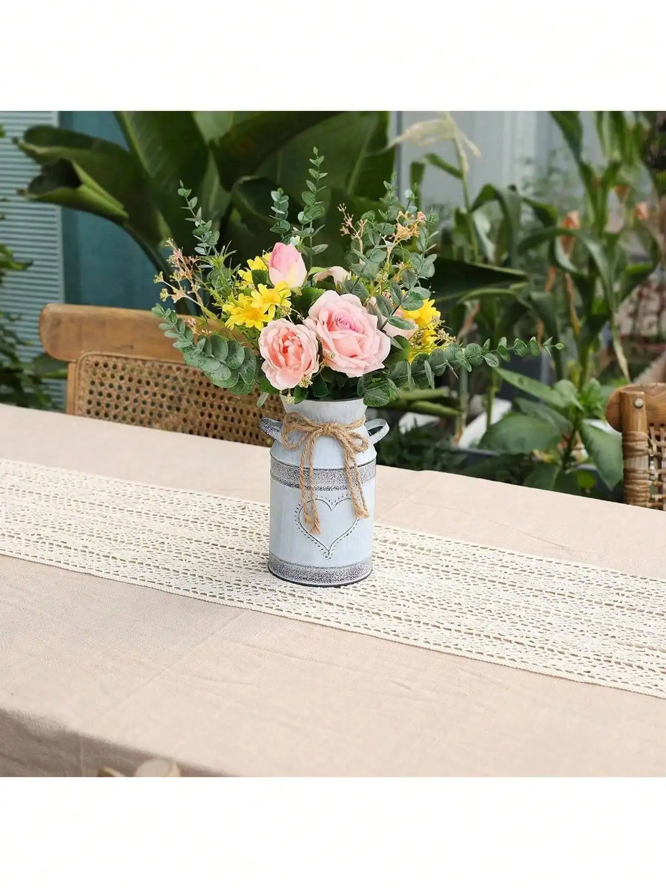 Rustic Metal Vase with Rope - Shabby Chic Vintage Flower Bucket for Home & Garden Decor, Perfect for Wedding & Birthday