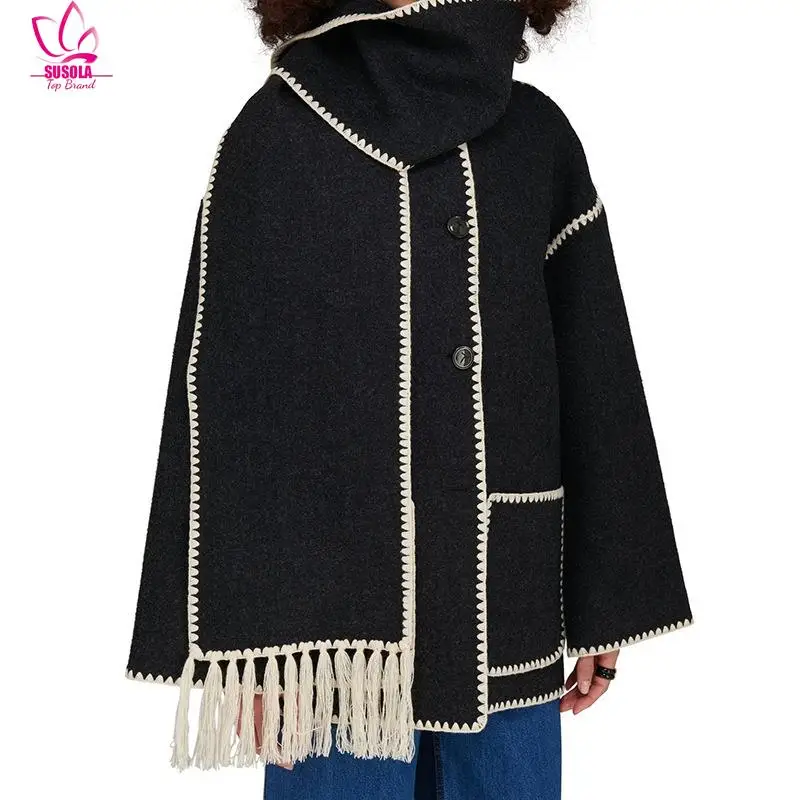 

SUSOLA Single Breasted Women Coat With Scarf Long Sleeve Oversized Loose Tassles Jacket 2024 Autumn Winter Fashion Casual Tops