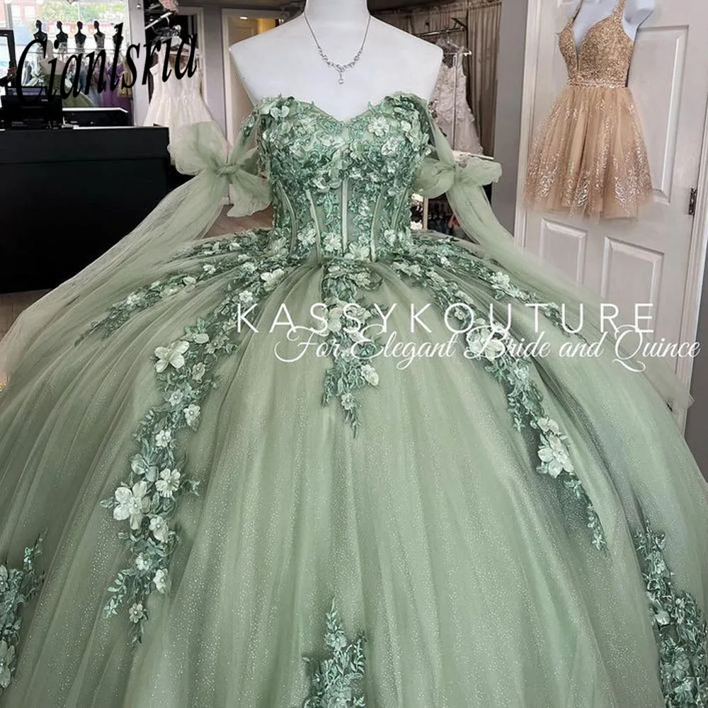 Gaun Putri Quinceanera Hijau Mint Gaun Bola 2022 Renda Applique Manis 16 Gaun Vestidos De 15 Años Prom