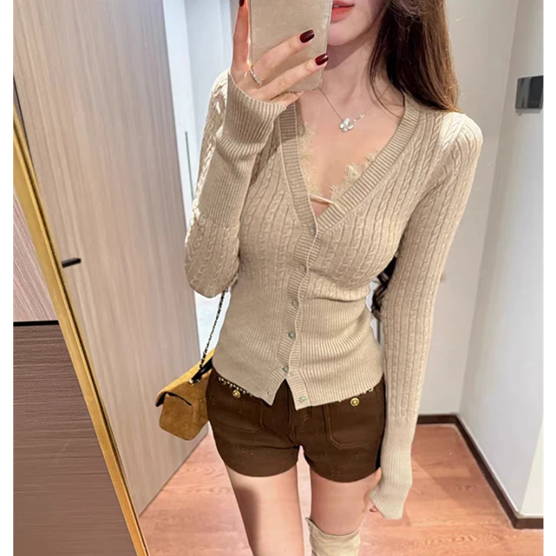2026 Korean Style Splice Lace Edge Waist-Cinching V-Neck Knitwear Cardigan Women's Layered Outerwear Top for Spring/Autumn
