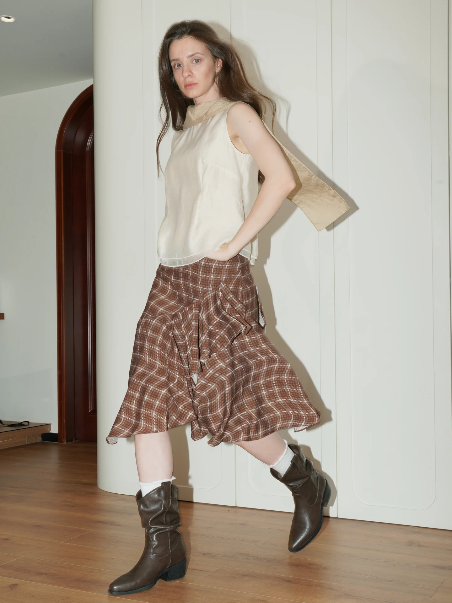 

UNNNSAD Twisted Plaid Unregular f Skirt Casual Linen Blend Skirt Loose Fit mid Waist Asymmetrical Print Summer Skirt