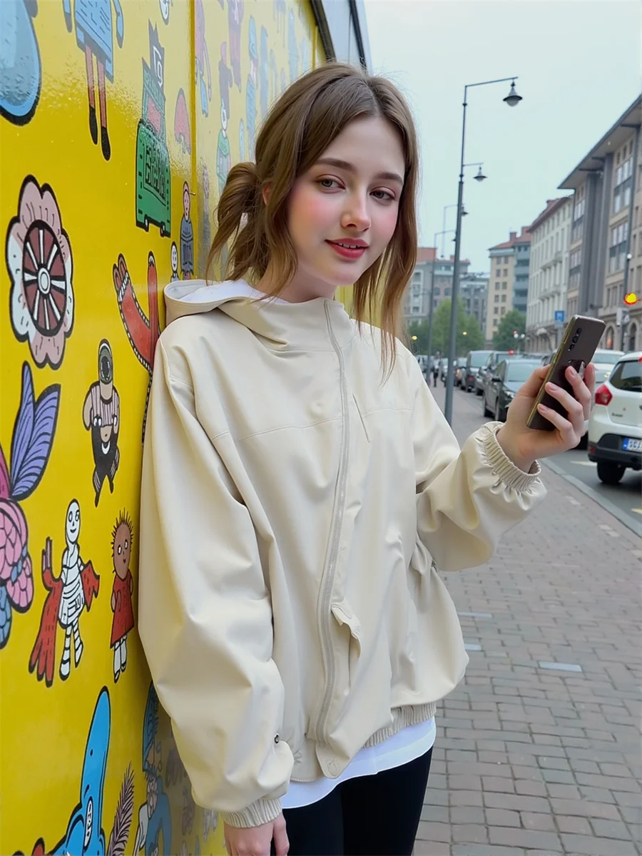 

Hooded Zipper Loose Jackets Aesthetic Top Women Summer Minimalist Fleece-Like Competition Oversize Pure Round-Neck Breathable OL