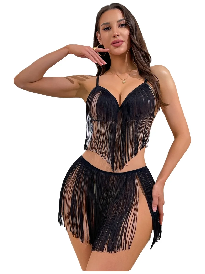 

Черное прозрачное платье с бахромой, высоким разрезом, длинными струящимися элементами из кисточек, сетчатой тканью, глубоким V-образным вырезом, эластичной текстурой, для женщин, стильное, очаровательное 1XCQ