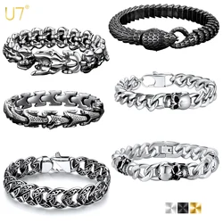 U7 19/21/23cm Thick Chain Bangle Bracelets for Man Snake Dragon Bones 10-17mm Wide Stainless Steel Gothic Punk Skeleton Jewelry