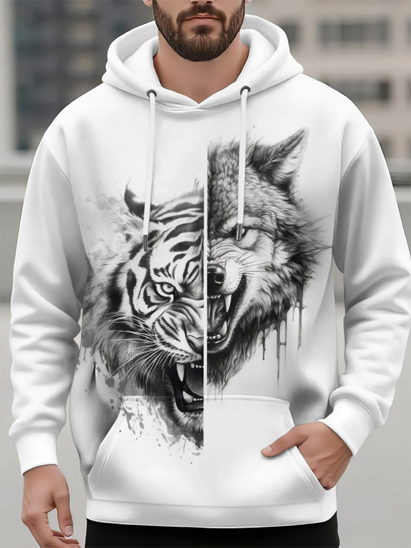 

Funny 3D Animal Print Hoodie For Men Fashion Tiger Wolf Pattern Oversized Sweatshirts Autumn and Winter Casual Clothing Pullover