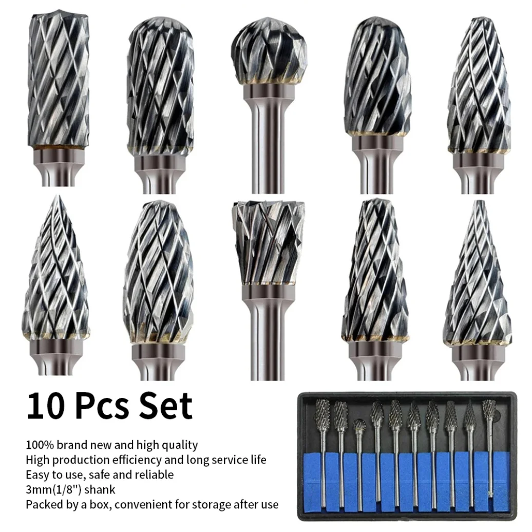 

Carbide Burr Set Dremel Rotary Tool 10Pcs Die Grinder Bits Rotary File 1/8" Shank for Cutting Burrs Metal Grinding Engraving