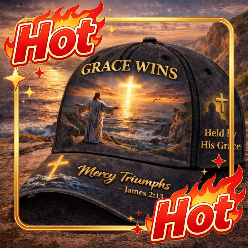 Custom Grace Wins Merciful Christian Adjustable Cap With Biblical Verse Verse Headpiece - Punk Style Religious Hat Suitable