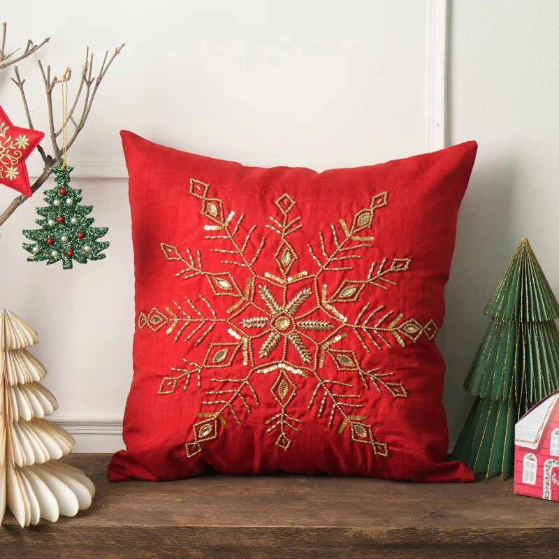 

Golden Bead Embroidered Snowflake Cushion - 18 X 18 Inch