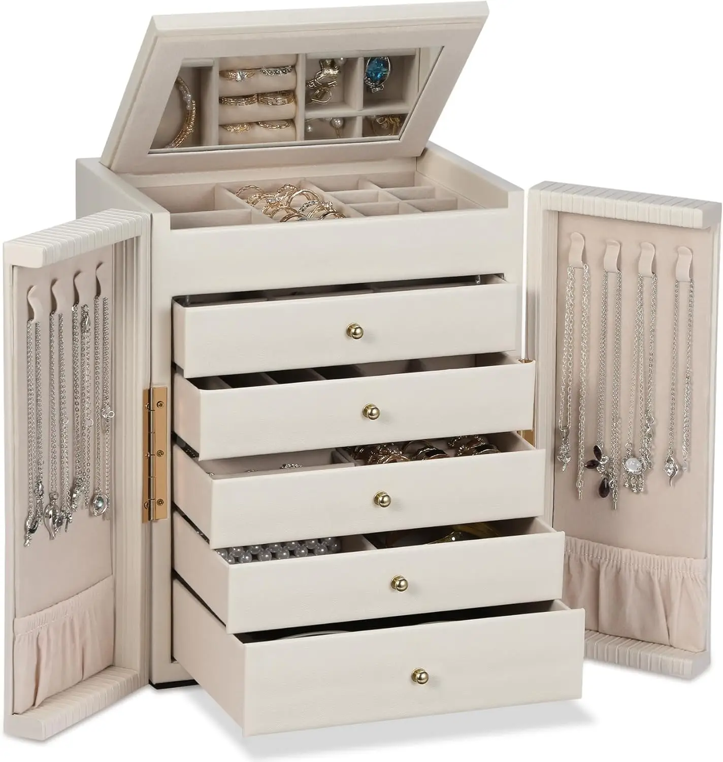 

Large Jewelry Organizer Box, Jewelry Boxes for Women Girls, 6-Tier Jewelry Storage Organizer with Mirror for Necklace Ring Bracelet Watch, Gift Idea (Beige)