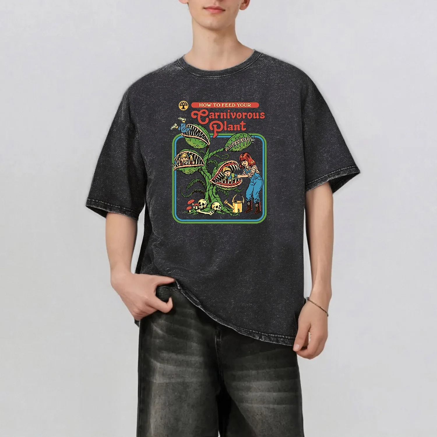 Carnivorous Plant Pattern Rint Men's Summer Retro Style Washed Water T-Shirt Casual Short Sleeved Basic Men's Top 230G