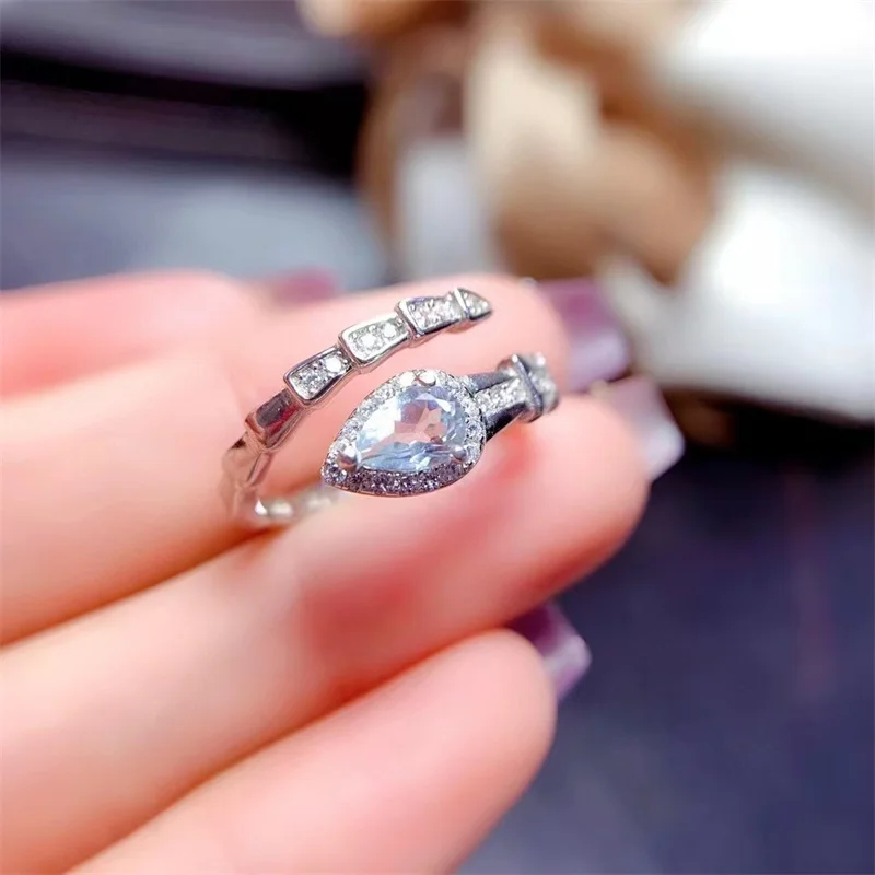 925 Sterling Silver Natural Aquamarine Wedding Ring for Women Snake Shape Birthday Gift Fine Jewelry with Certificate view 2