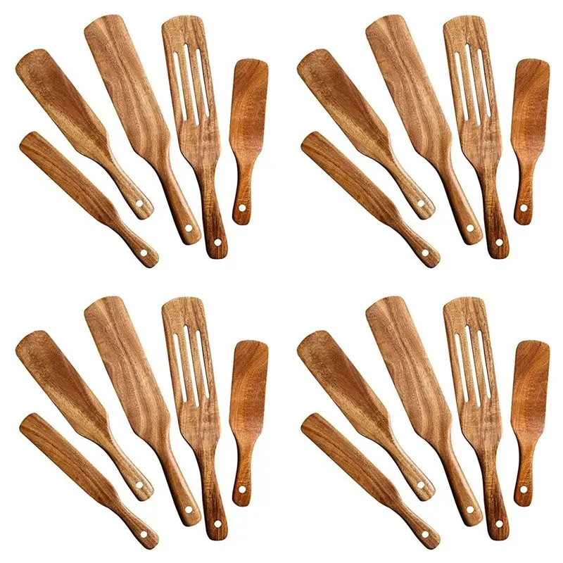 

【THANKSGIVING DAY】Wooden Spurtles Set (20Pcs) - Teak Wood Kitchen Tools Set - Heat Resistant Non Stick Wood Cookware For Stirrin