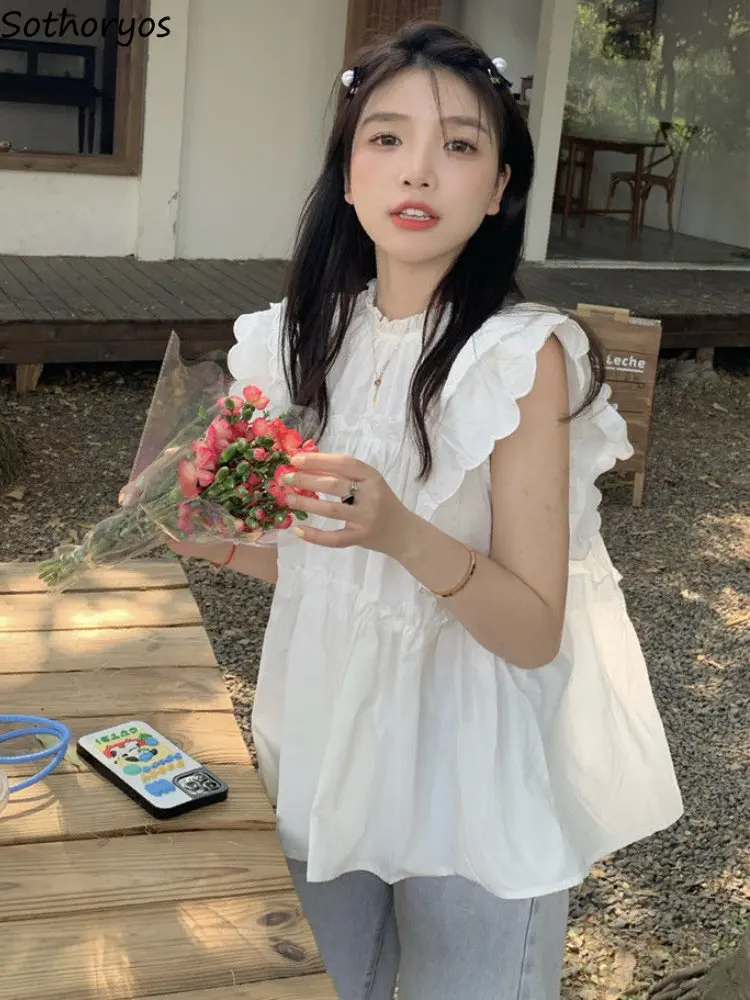 

Blouses Women Flying Sleeve Leisure Folds Fashion All-match Summer Chic Square Collar Ladies Korean Style Elegant Loose Sweet