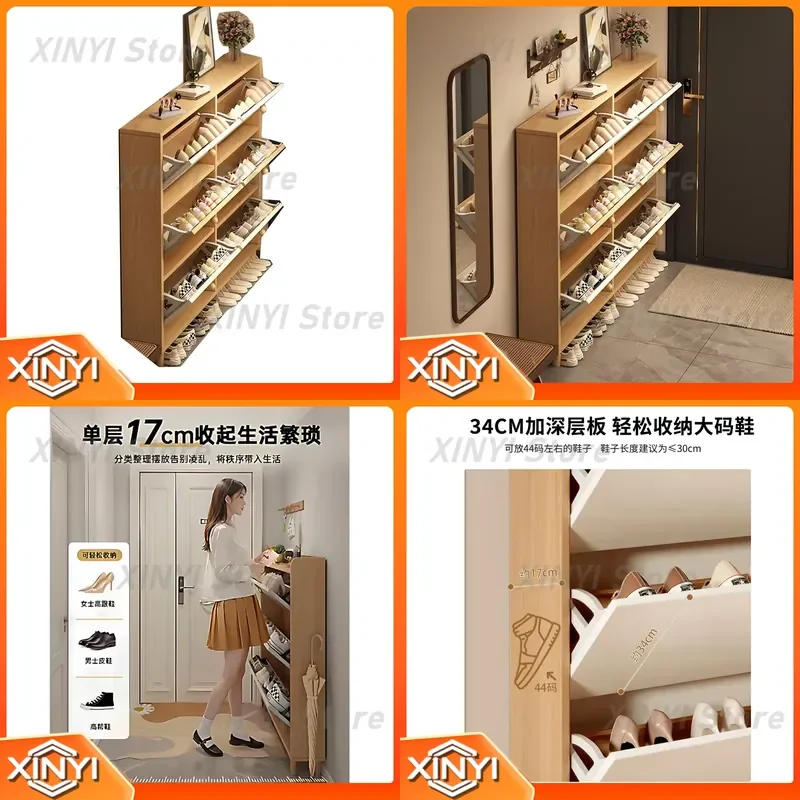 for Solid Wood Core Ultra-Thin Tipping Bucket Shoe Cabinet for Entrance Porch Small Narrow Space Large Capacity Storage Rack