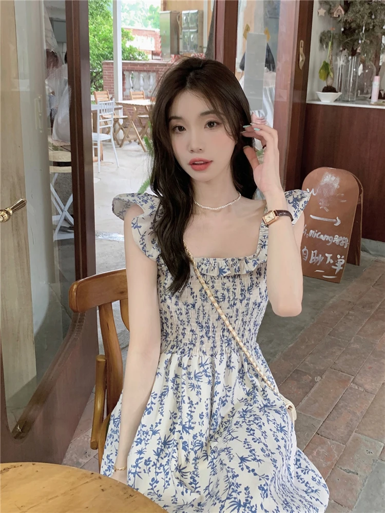 Women Beach Dress Summer 2024 Office Lady Korea Style Cute Sleeveless Floral Print High Waist Square Collar Dresses