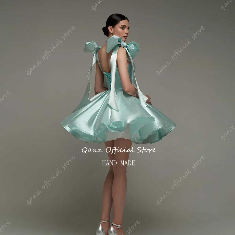 Qanz Short Prom Dresses Sexy  Ribbon Bow Sleeves Satin Wedding Party Dress Lace Up Back Backless Cocktail Dresses Customized image 4