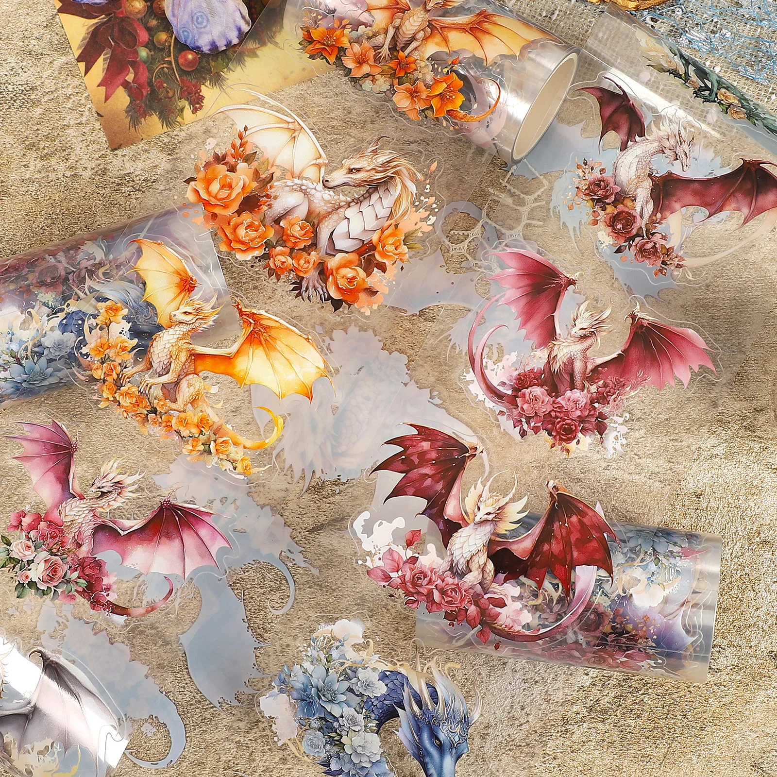 

80mm*310cm Vintage Flower Dragon Landscape PET Tape Creative DIY Journal Material Collage Scrapbooking Stationery