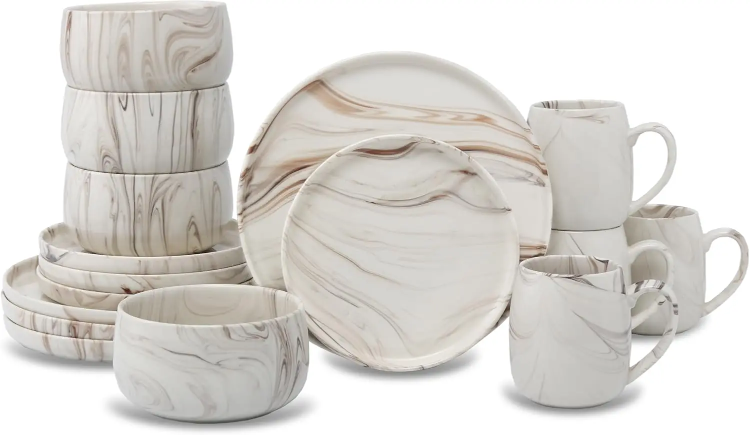 

Marble Pattern Dinnerware Set, 16 Piece Ceramic Dishes and Mugs, Modern Swirl Design, Beige and Brown